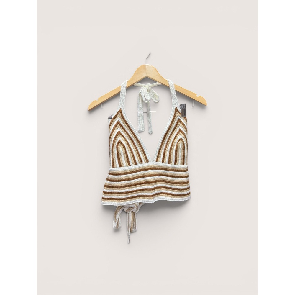 Rue+ Knitted Cropped Halter Tank Top Brown Cream Striped Boho Plus Size 1X NWT